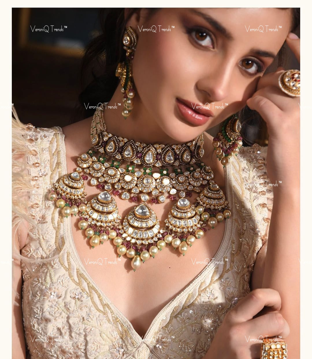 VeroniQ Trends-Victorian Bridal Double Line Pearl and Polki Silver Chandbali Choker Necklace Set 92.5 Silver Moissanite Diamond Polki-Emerald Stone-Fresh Water Pearl-Gold Plated-Wedding Jewellery-Punjabi Jewellery-South Indian-Thappa Jewellery