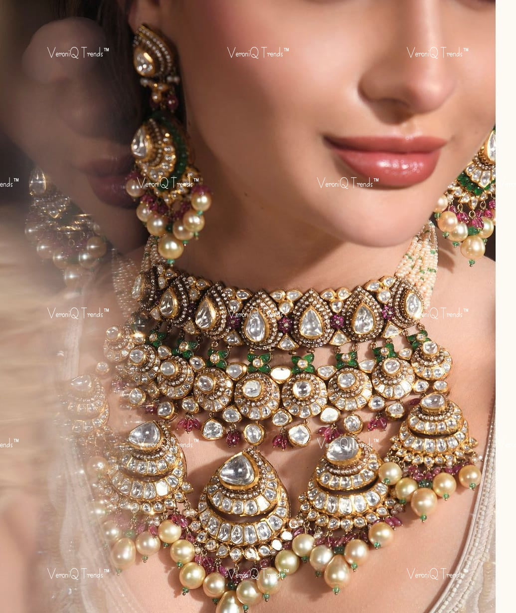VeroniQ Trends-Victorian Bridal Double Line Pearl and Polki Silver Chandbali Choker Necklace Set 92.5 Silver Moissanite Diamond Polki-Emerald Stone-Fresh Water Pearl-Gold Plated-Wedding Jewellery-Punjabi Jewellery-South Indian-Thappa Jewellery