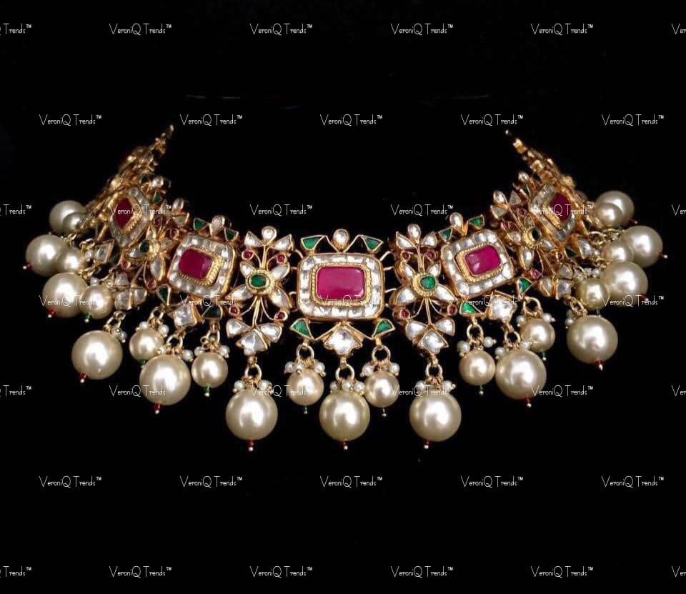 VeroniQ Trends-Handmade Pachi Kundan Choker Necklace With Kemp Stones & Shell Pearls-Earrings-South Indian-Punjabi Jewellery-Polki Kundan