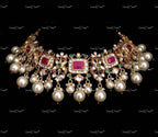 VeroniQ Trends-Handmade Pachi Kundan Choker Necklace With Kemp Stones & Shell Pearls-Earrings-South Indian-Punjabi Jewelry-Polki Kundan