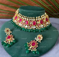 VeroniQ Trends-Handmade Pachi Kundan Necklace With Kemp Stones & Green Beads & Earrings-South Indian-Punjabi Jewellery-Polki Kundan