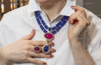 VeroniQ Trends-Arab Style High End Designer Diamond Look Cocktail Wear Necklace-Faux Sapphire Blue & Ruby Pink Stones-Pearls-Earrings-Arab Styles