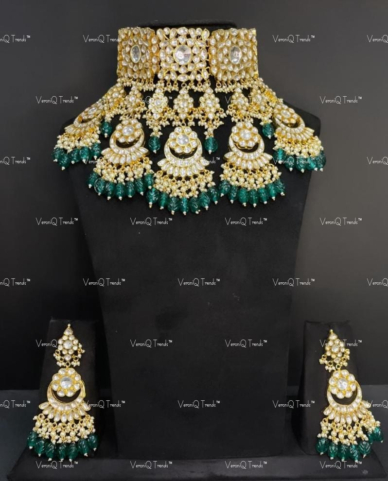 VeroniQ Trends-Bridal Necklace Handmade in  Pachi Kundan With Strawberry Quartz Beads-Pearls-Earrings-South Indian-Punjabi Jewellery-Polki Kundan