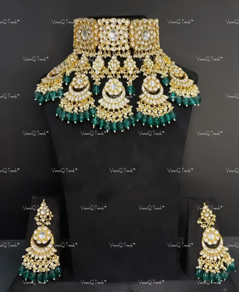 VeroniQ Trends-Bridal Necklace Handmade in  Pachi Kundan With Strawberry Quartz Beads-Pearls-Earrings-South Indian-Punjabi Jewellery-Polki Kundan