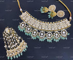 VeroniQ Trends-Padmavati Style Bridal Necklace Handmade in Pachi Kundan With Beads-Earrings-South Indian-Punjabi Jewelry-Polki Kundan-Passa