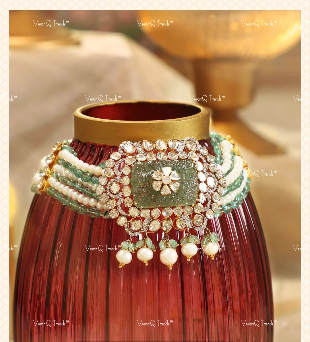 VeroniQ Trends-Victorian Bridal Multistrand Emerald Pearl and Polki Silver Choker Necklace Set 92.5 Silver Moissanite Diamond Polki-Emerald Stone-Fresh Water Pearl-Gold Plated-Wedding Jewellery-Punjabi Jewellery-South Indian-Thappa Jewellery