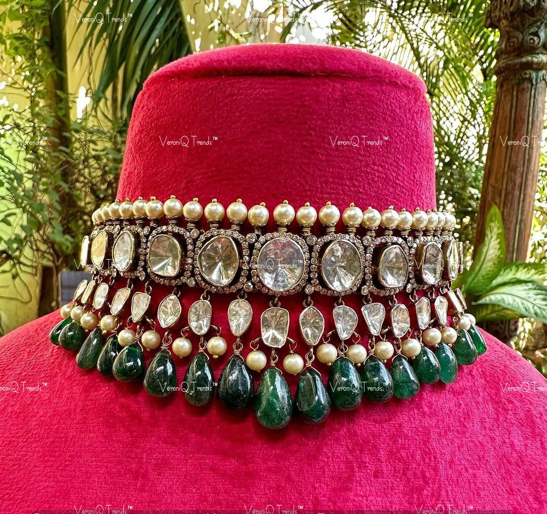VeroniQ Trends-Victorian Bridal Emerald Pearl and Polki Silver Choker Necklace Set 92.5 Silver Moissanite Diamond Polki-Emerald Stone-Gold Plated-Wedding Jewellery-Punjabi Jewellery-South Indian-Thappa Jewellery