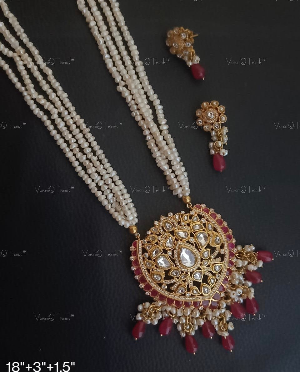 VeroniQ Trends- Victorian Multistrand Pearl And Polki Long Necklace 92.5 Sliver Moissanite Diamond Polki-Fresh Water Pearl-Gold Plated-Wedding Jewellery-Punjabi Jewellery-South Indian-Thappa Jewellery