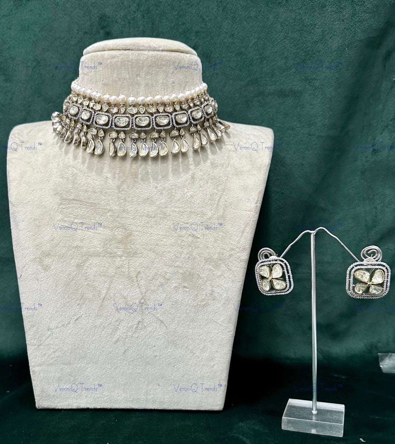 VeroniQ Trends- Victorian Pearl and Polki Choker Necklace 92.5 Sliver Moissanite Diamond Polki-Fresh Water Pearl-Gold Plated-Wedding Jewellery-Punjabi Jewellery-South Indian-Thappa Jewellery