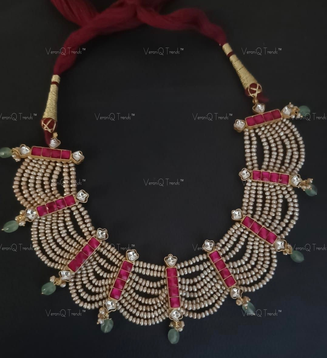 VeroniQ Trends- Victorian Multistrand Golden Beads Ruby and Sliver Kundan Choker Necklace 92.5 Sliver-Ruby Stone-Gold Plated-Wedding Jewellery-Punjabi Jewellery-South Indian-Thappa Jewellery