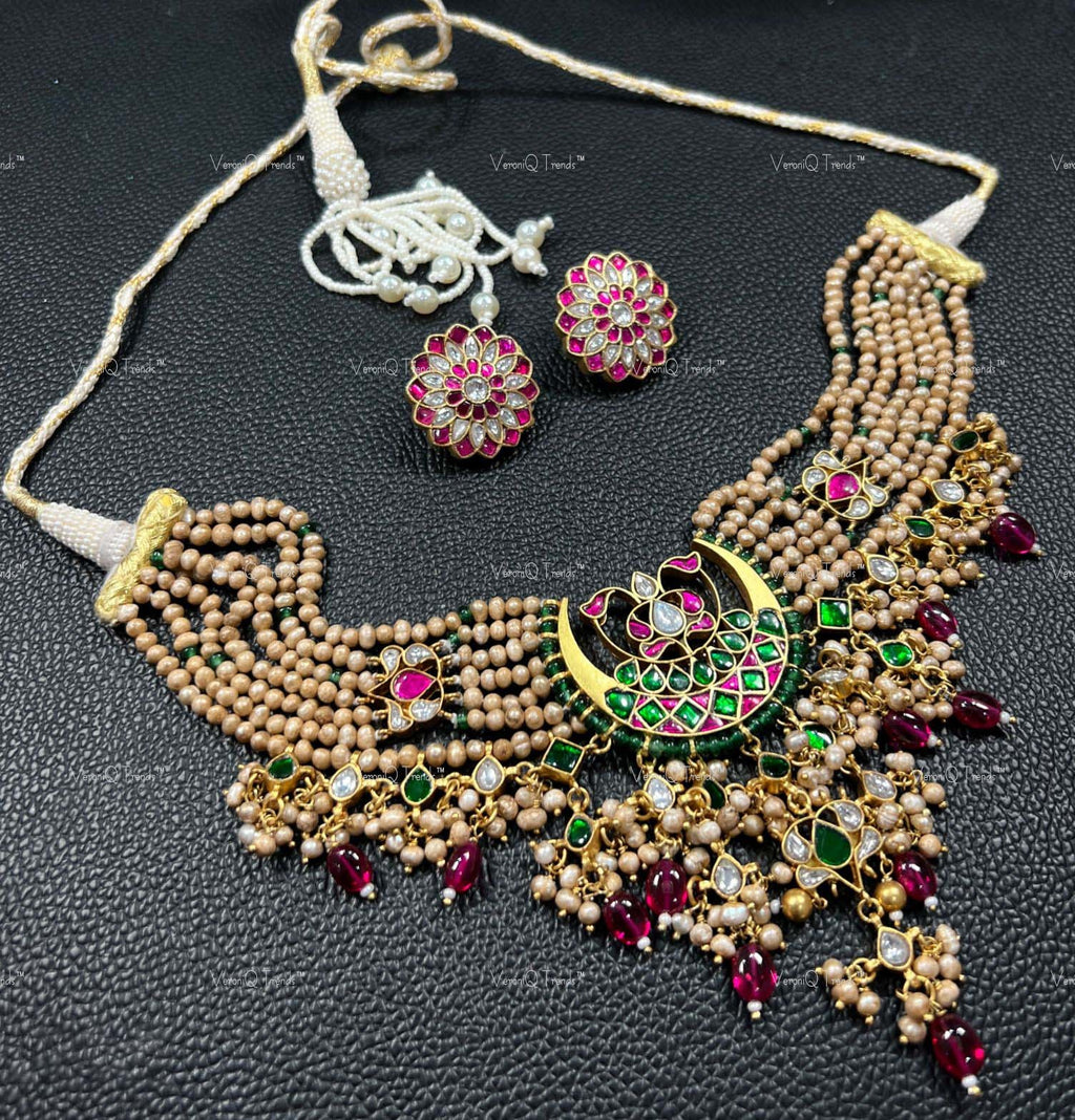 VeroniQ Trends-Golden Beads Kemp Stone Sliver Kundan Necklace 92.5 Sliver-Kemp Stone-Gold Plated-Wedding Jewellery-Punjabi Jewellery-South Indian-Thappa Jewellery