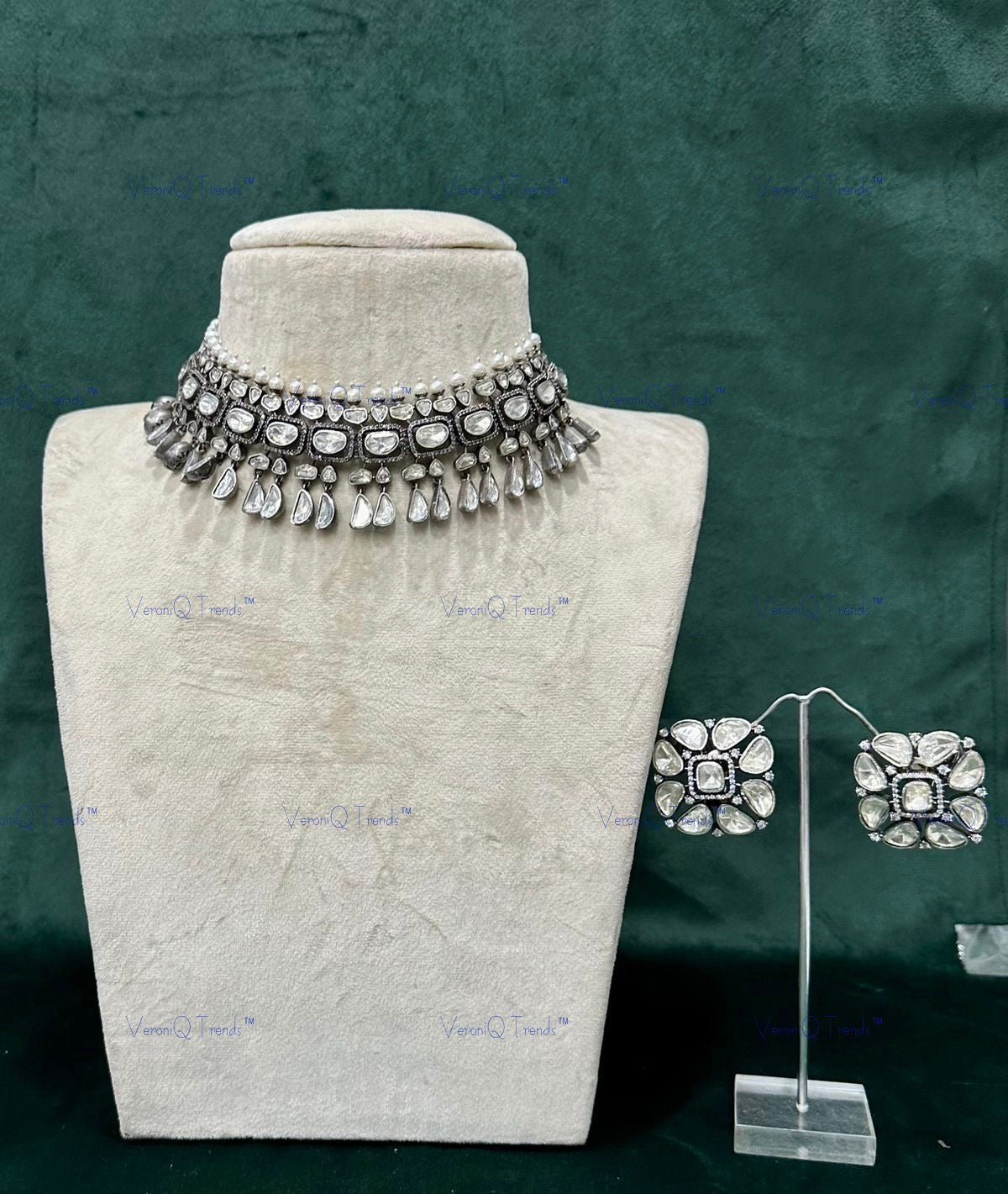 VeroniQ Trends-Victorian Bridal Polki Drop Choker Necklace 92.5 Sliver Moissanite Diamond Polki-Gold Plated-Wedding Jewelry-Punjabi Jewelry-South Indian-Thappa Jewelry