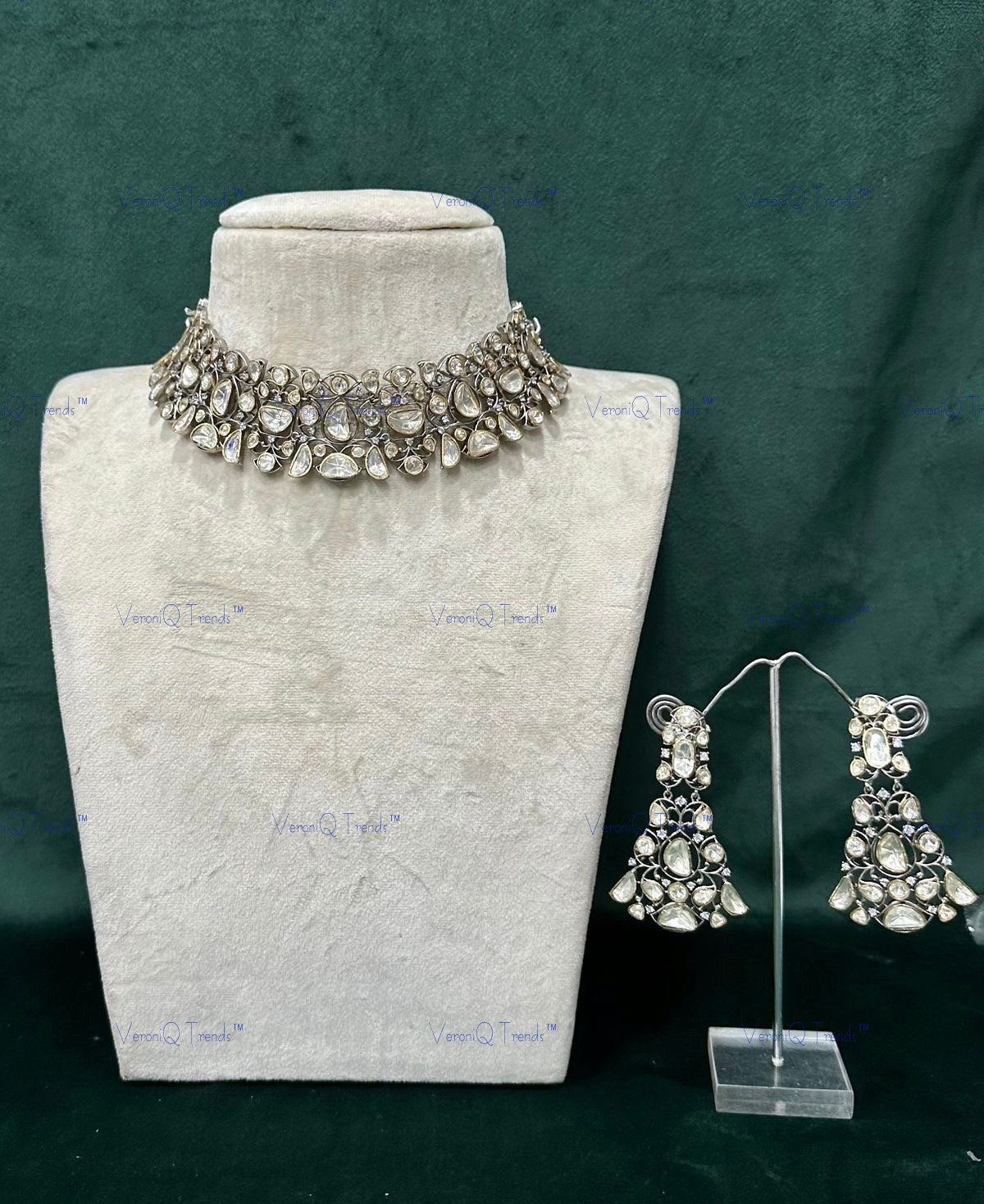 VeroniQ Trends-Victorian Bridal Polki Choker Necklace 92.5 Sliver Moissanite Diamond Polki-Gold Plated-Wedding Jewelry-Punjabi Jewelry-South Indian-Thappa Jewelry