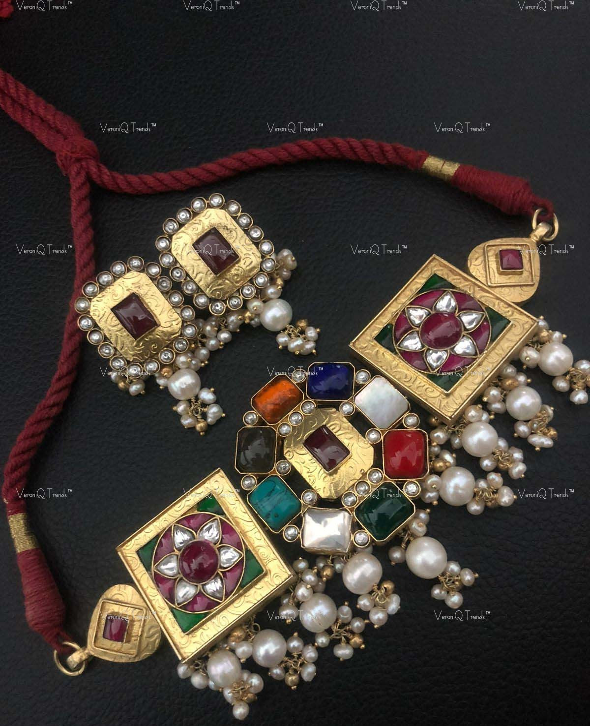 VeroniQ Trends-Multi Stone and Pearl Sliver Kundan Choker Necklace 92.5 Sliver-Fresh Water Pearl-Gold Plated-Wedding Jewellery-Punjabi Jewellery-South Indian-Thappa Jewellery