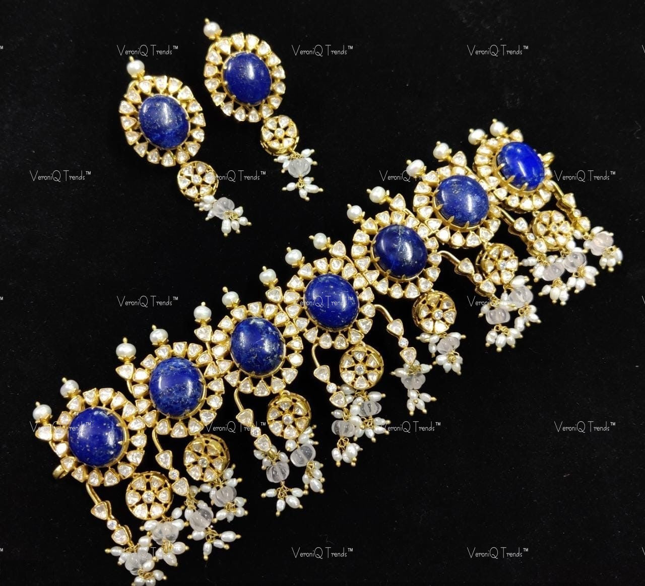 VeroniQ Trends-Sapphire Sliver Kundan Choker Necklace 92.5 Sliver-Sapphire Stone-Fresh Water Pearl-Gold Plated-Wedding Jewellery-Punjabi Jewellery-South Indian-Thappa Jewellery