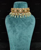 VeroniQ Trends-Victorian Emerald And Polki Silver Choker Necklace with Green Beads 92.5 Silver Moissanite Diamond Polki-Gold Plated-Wedding Jewelry-Punjabi Jewelry-South Indian-Thappa Jewelry