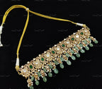 VeroniQ Trends-Victorian Emerald And Polki Silver Choker Necklace with Green Beads 92.5 Silver Moissanite Diamond Polki-Gold Plated-Wedding Jewelry-Punjabi Jewelry-South Indian-Thappa Jewelry