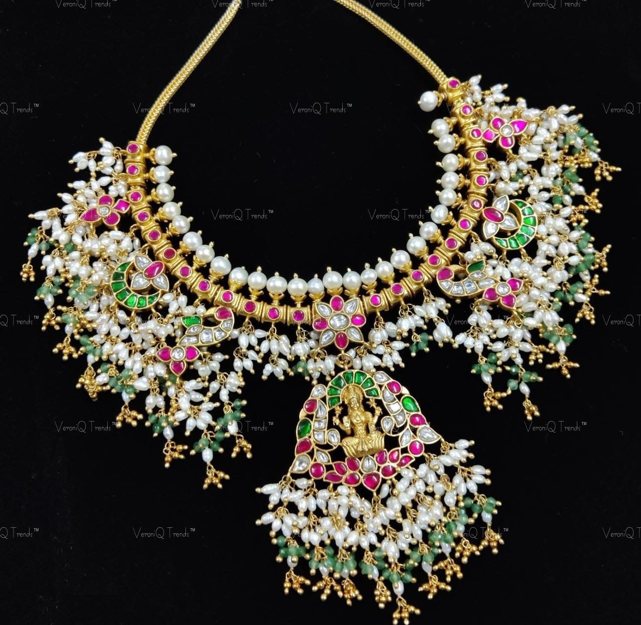 VeroniQ Trends-Guttupusulu Necklace With Goddess Pendant and Rice Pearls in 92.5 Sliver With Kemp Stones-Gold Plated-Wedding Jewellery-Punjabi Jewellery-South Indian-Thappa Jewellery