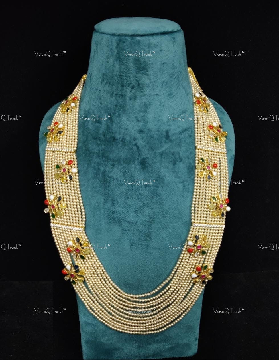VeroniQ Trends-Multistrand Pearl Silver Kundan Necklace 92.5 Sliver-Gold Plated-Wedding Jewellery-Punjabi Jewellery-South Indian-Thappa Jewellery