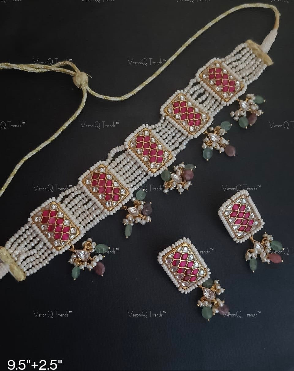 VeroniQ Trends-Ruby and Sliver Kundan Choker Necklace 92.5 Sliver-Ruby Stone-Gold Plated-Wedding Jewellery-Punjabi Jewellery-South Indian-Thappa Jewellery