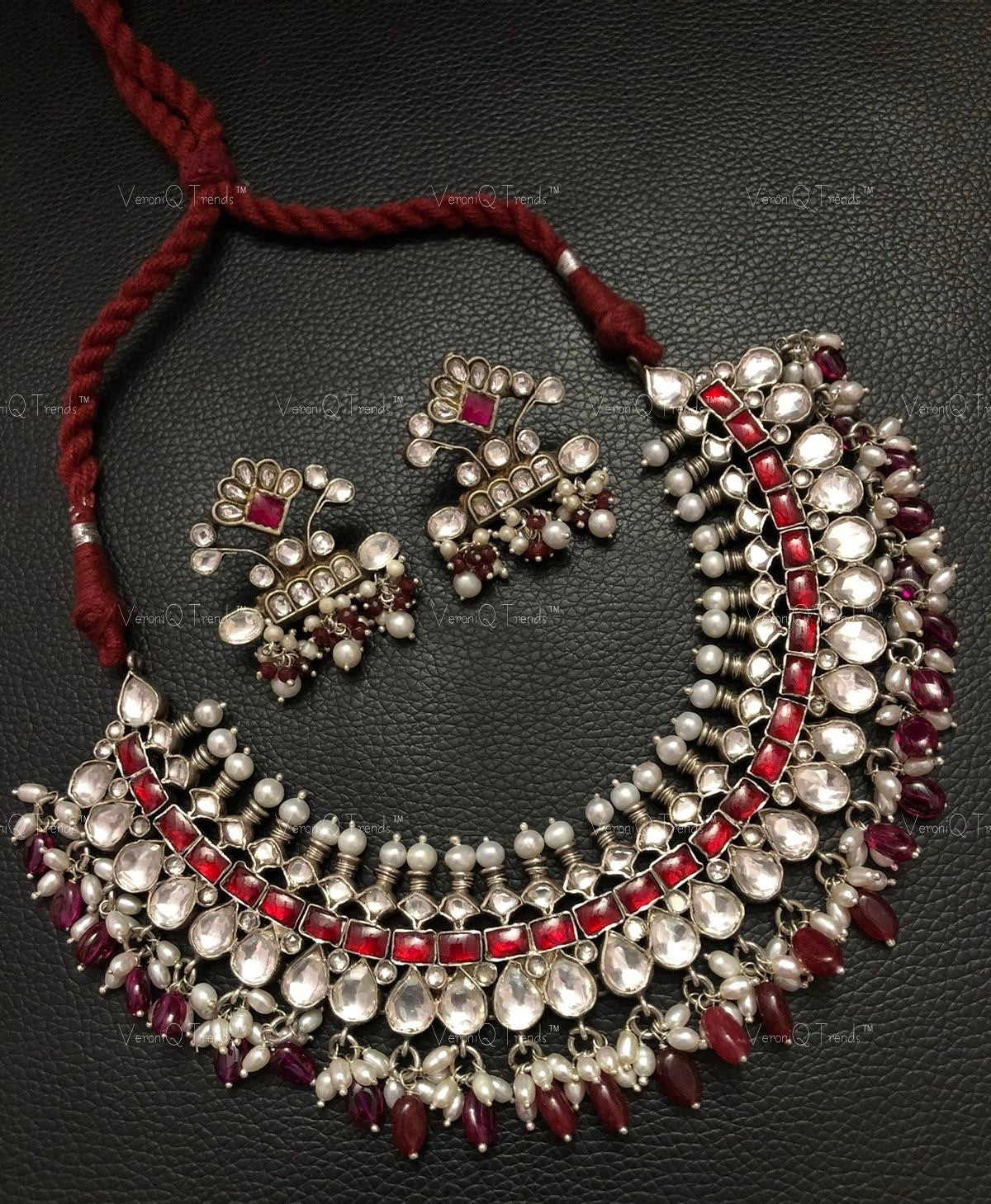VeroniQ Trends-Ruby And Sliver Kundan Choker Necklace 92.5 Sliver-Ruby Stone-Gold Plated-Wedding Jewellery-Punjabi Jewellery-South Indian-Thappa Jewellery