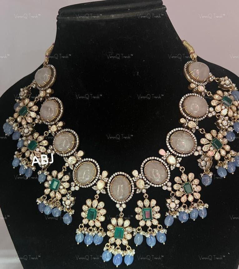 VeroniQ Trends-Victorian Floral Emerald And Polki Silver Necklace With Amethyst Beads 92.5 Silver Moissanite Diamond Polki-Emerald Stone-Gold Plated-Wedding Jewellery-Punjabi Jewellery-South Indian-Thappa Jewellery