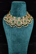 VeroniQ Trends-Victorian Bridal Emerald And Polki Choker Necklace 92.5 Silver Moissanite Diamond Polki-Emerald Stone-Gold Plated-Wedding Jewellery-Punjabi Jewellery-South Indian-Thappa Jewellery