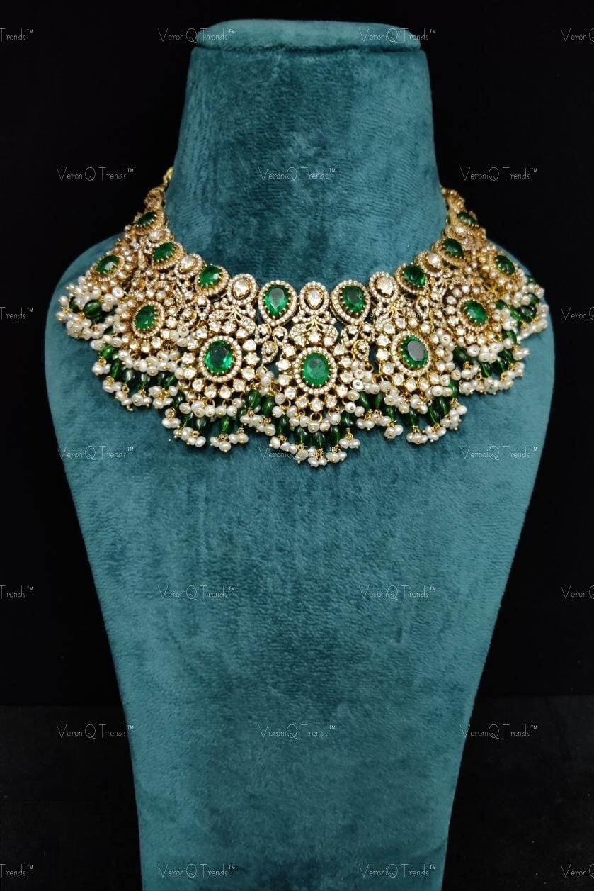 VeroniQ Trends-Victorian Bridal Emerald And Polki Choker Necklace 92.5 Silver Moissanite Diamond Polki-Emerald Stone-Gold Plated-Wedding Jewellery-Punjabi Jewellery-South Indian-Thappa Jewellery