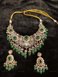 VeroniQ Trends-Victorian Emerald And Polki Silver Necklace With Green Beads 92.5 Silver Moissanite Diamond Polki-Emerald Stone-Gold Plated-Wedding Jewellery-Punjabi Jewellery-South Indian-Thappa Jewellery
