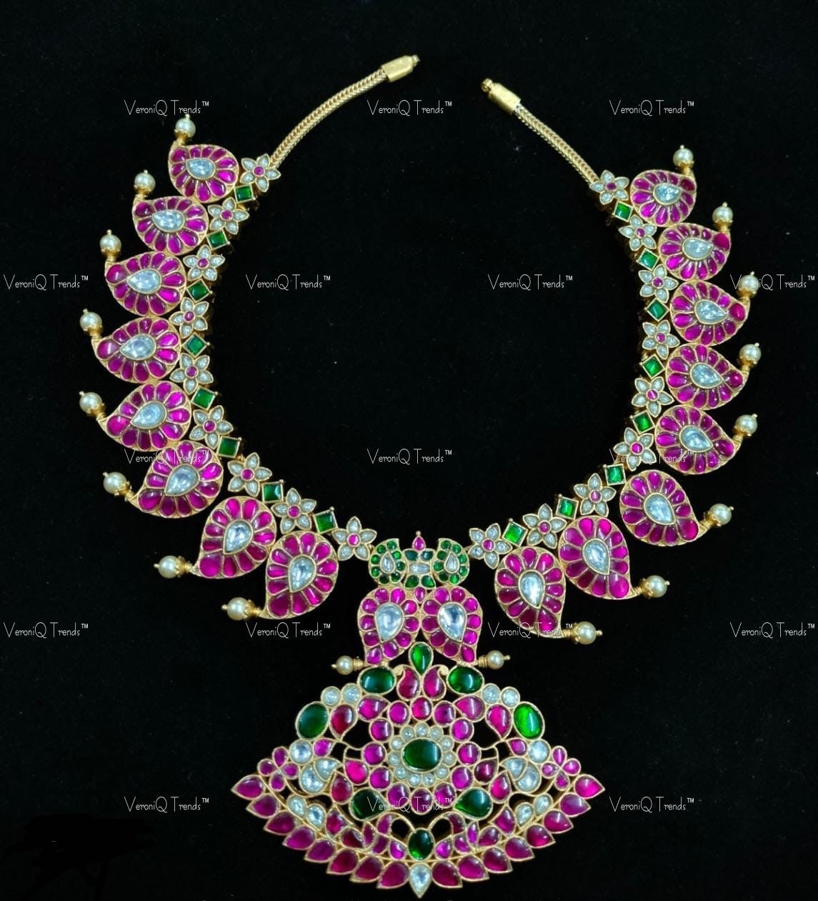 VeroniQ Trends-Pink and Sliver Kundan Kemp Stone Choker Necklace 92.5 Sliver-Kemp Stone-Gold Plated-Wedding Jewellery-Punjabi Jewellery-South Indian-Thappa Jewellery
