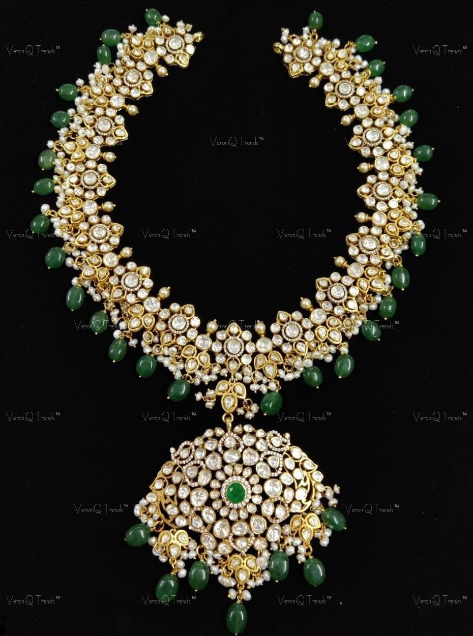 VeroniQ Trends-Victorian Bridal Polki And Emerald Choker Necklace 92.5 Silver Moissanite Diamond Polki-Emerald Stone-Gold Plated-Wedding Jewellery-Punjabi Jewellery-South Indian-Thappa Jewellery