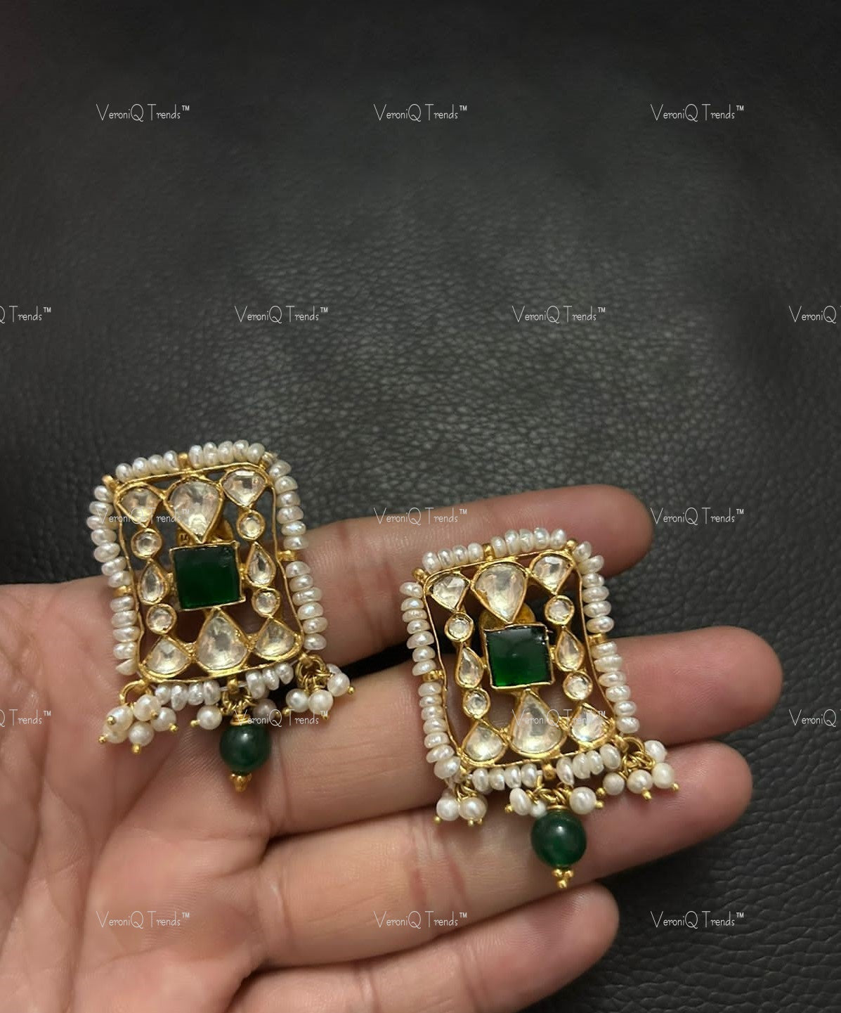 VeroniQ Trends-Emerald Green Silver Kundan Earrings 92.5 Silver-Gold Plated-Wedding Jewellery-Punjabi Jewellery-South Indian-Thappa Jewellery