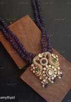 VeroniQ Trends- Victorian Sapphire Beads and Polki Necklace with Peacock Motif 92.5 Sliver Moissanite Diamond Polki-Sapphire Stone-Gold Plated-Wedding Jewelry-Punjabi Jewelry-South Indian-Thappa Jewelry
