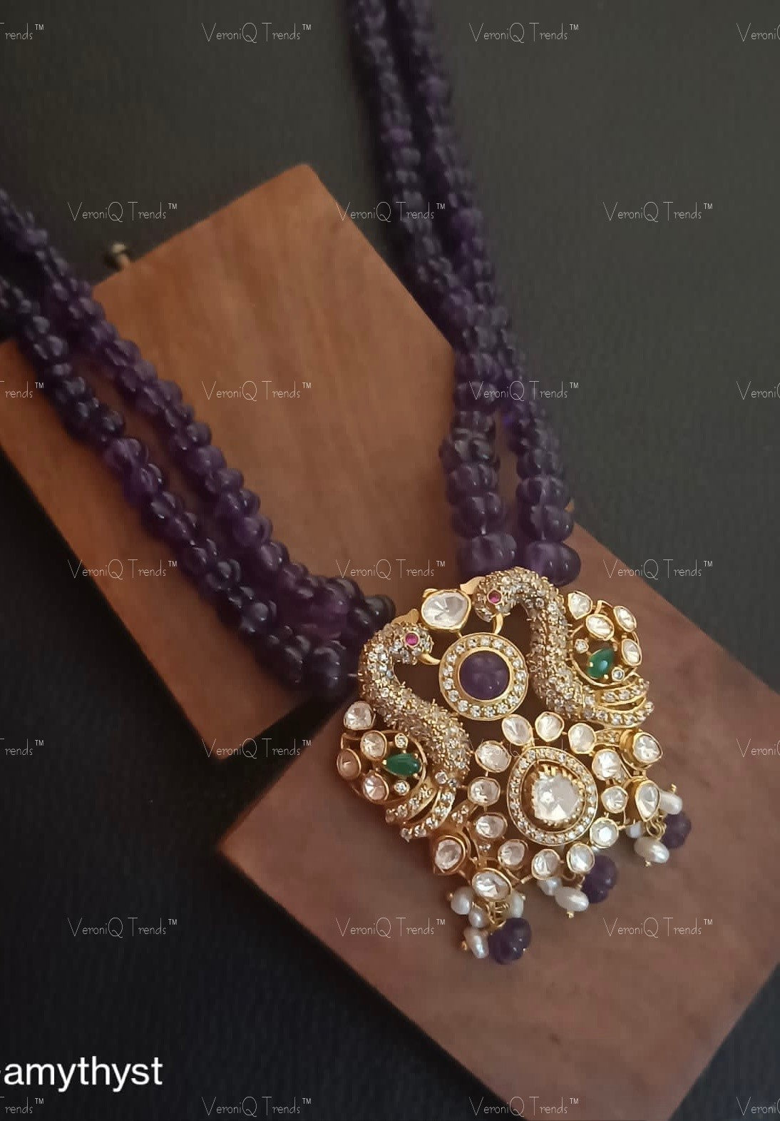 VeroniQ Trends- Victorian Sapphire Beads and Polki Necklace with Peacock Motif 92.5 Sliver Moissanite Diamond Polki-Sapphire Stone-Gold Plated-Wedding Jewellery-Punjabi Jewellery-South Indian-Thappa Jewellery