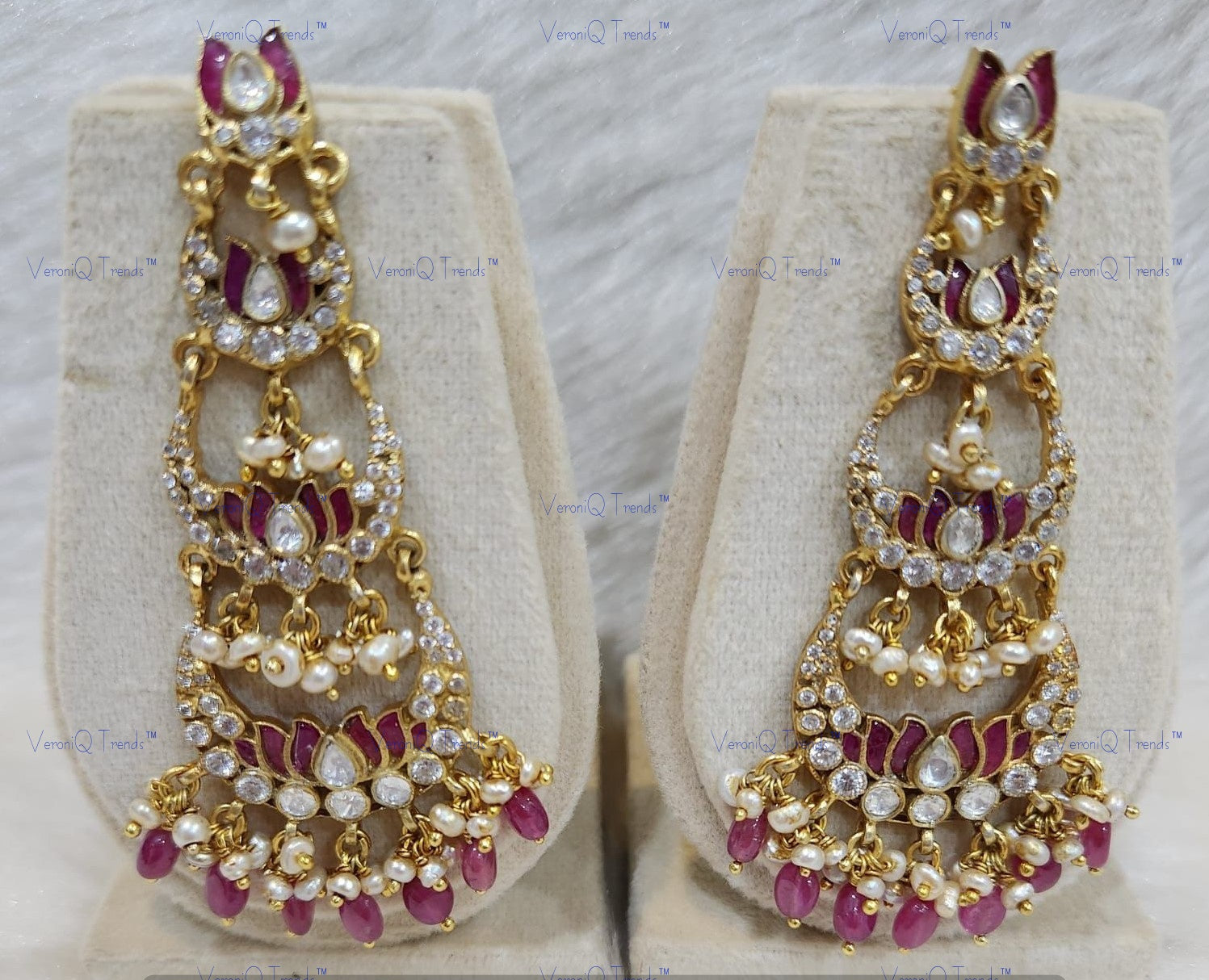 VeroniQ Trends-Lotus Pink Long Silver Kundan Earrings 92.5 Silver-Gold Plated-Wedding Jewellery-Punjabi Jewellery-South Indian-Thappa Jewellery