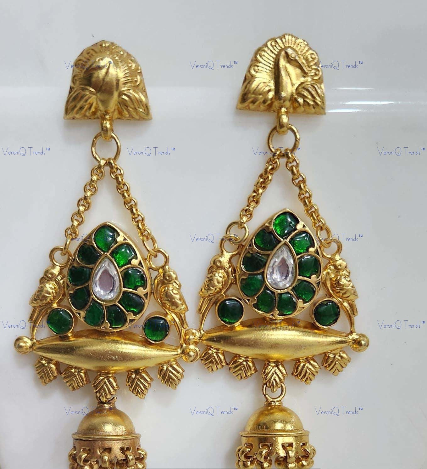 VeroniQ Trends-Emerald Green Stone and Silver Kundan Gold Plated Earrings 92.5 Silver-Gold Plated-Wedding Jewellery-Punjabi Jewellery-South Indian-Thappa Jewellery