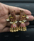 VeroniQ Trends-Peacock Design Ruby Pink Stone Silver Kundan Jhumki Earrings 92.5 Silver-Gold Plated-Wedding Jewellery-Punjabi Jewellery-South Indian-Thappa Jewellery