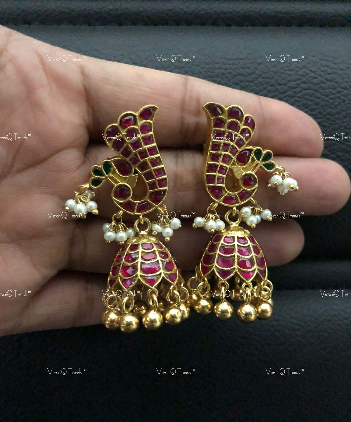 VeroniQ Trends-Peacock Design Ruby Pink Stone Silver Kundan Jhumki Earrings 92.5 Silver-Gold Plated-Wedding Jewellery-Punjabi Jewellery-South Indian-Thappa Jewellery