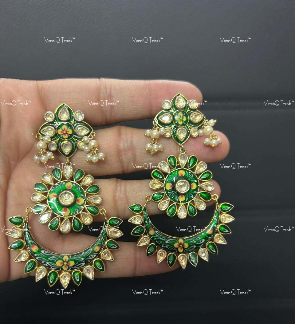 VeroniQ Trends-Green Sliver Kundan Earring 92.5 Sliver-Fresh Water Pearl-Gold Plated-Wedding Jewellery-Punjabi Jewellery-South Indian-Thappa Jewellery