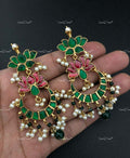 VeroniQ Trends-Lotus Sliver Kundan Chandbali Earring 92.5 Sliver-Fresh Water Pearl-Gold Plated-Wedding Jewellery-Punjabi Jewellery-South Indian-Thappa Jewellery