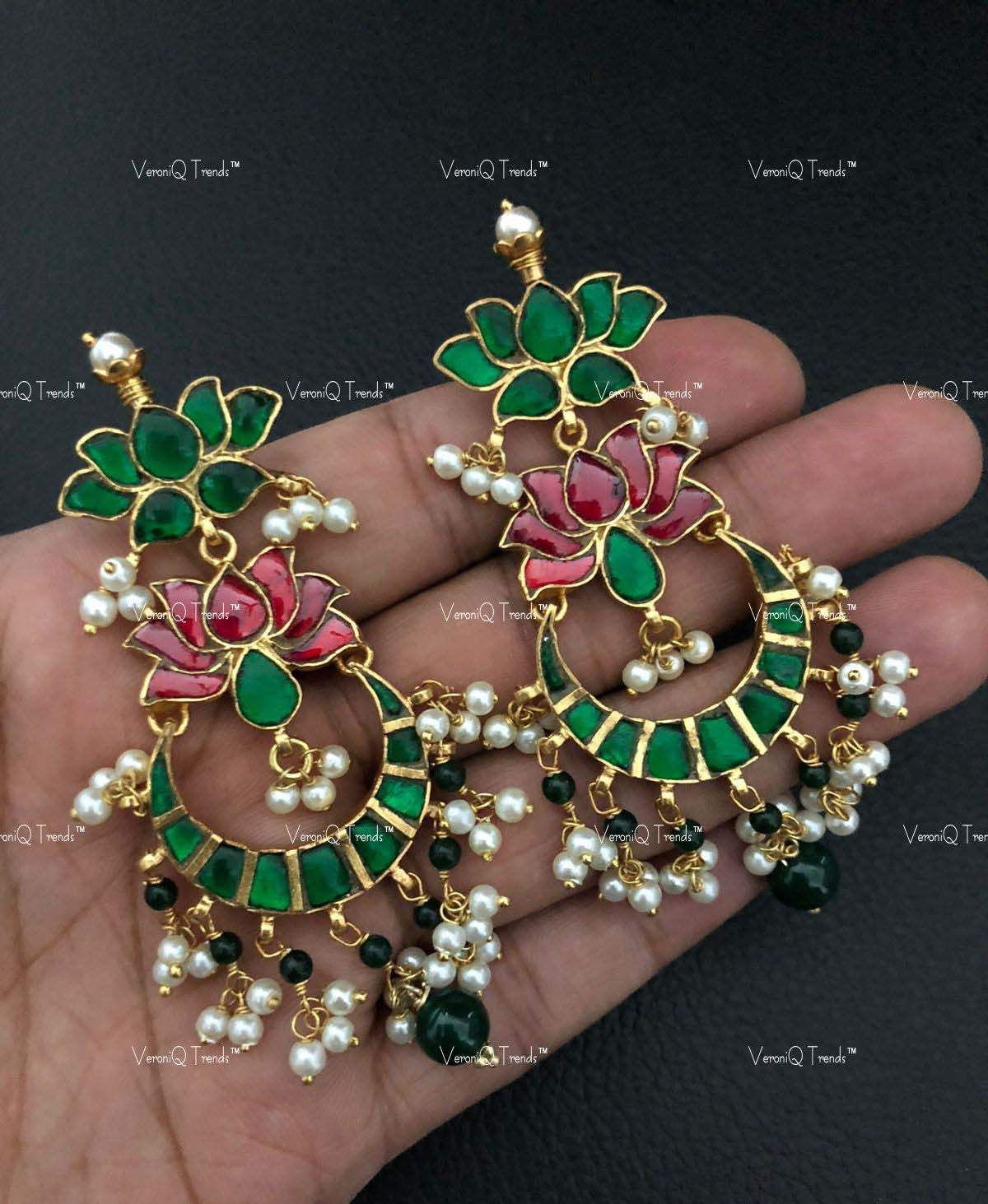VeroniQ Trends-Lotus Sliver Kundan Chandbali Earring 92.5 Sliver-Fresh Water Pearl-Gold Plated-Wedding Jewellery-Punjabi Jewellery-South Indian-Thappa Jewellery
