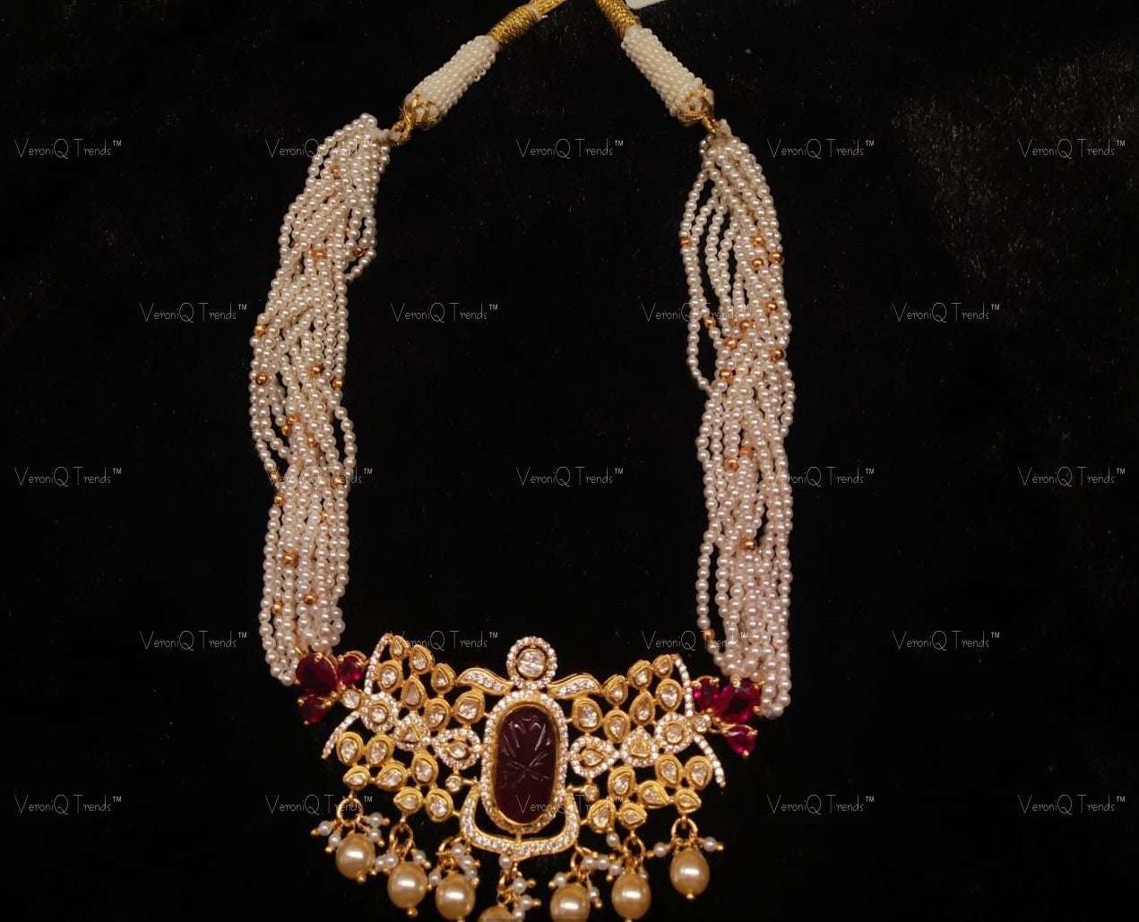 VeroniQ Trends-Victorian Multistrand Pearl Ruby And Polki Silver Choker Necklace 92.5 Silver Moissanite Diamond Polki-Gold Plated-Wedding Jewellery-Punjabi Jewellery-South Indian-Thappa Jewellery