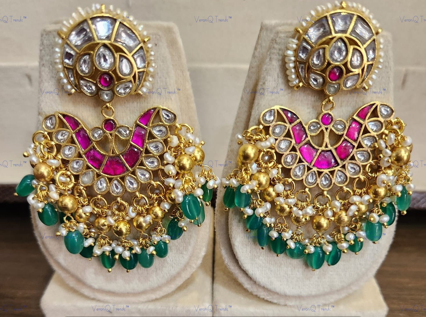 VeroniQ Trends-Kemp Stone And Silver Kundan Earrings 92.5 Silver-Gold Plated-Wedding Jewellery-Punjabi Jewellery-South Indian-Thappa Jewellery