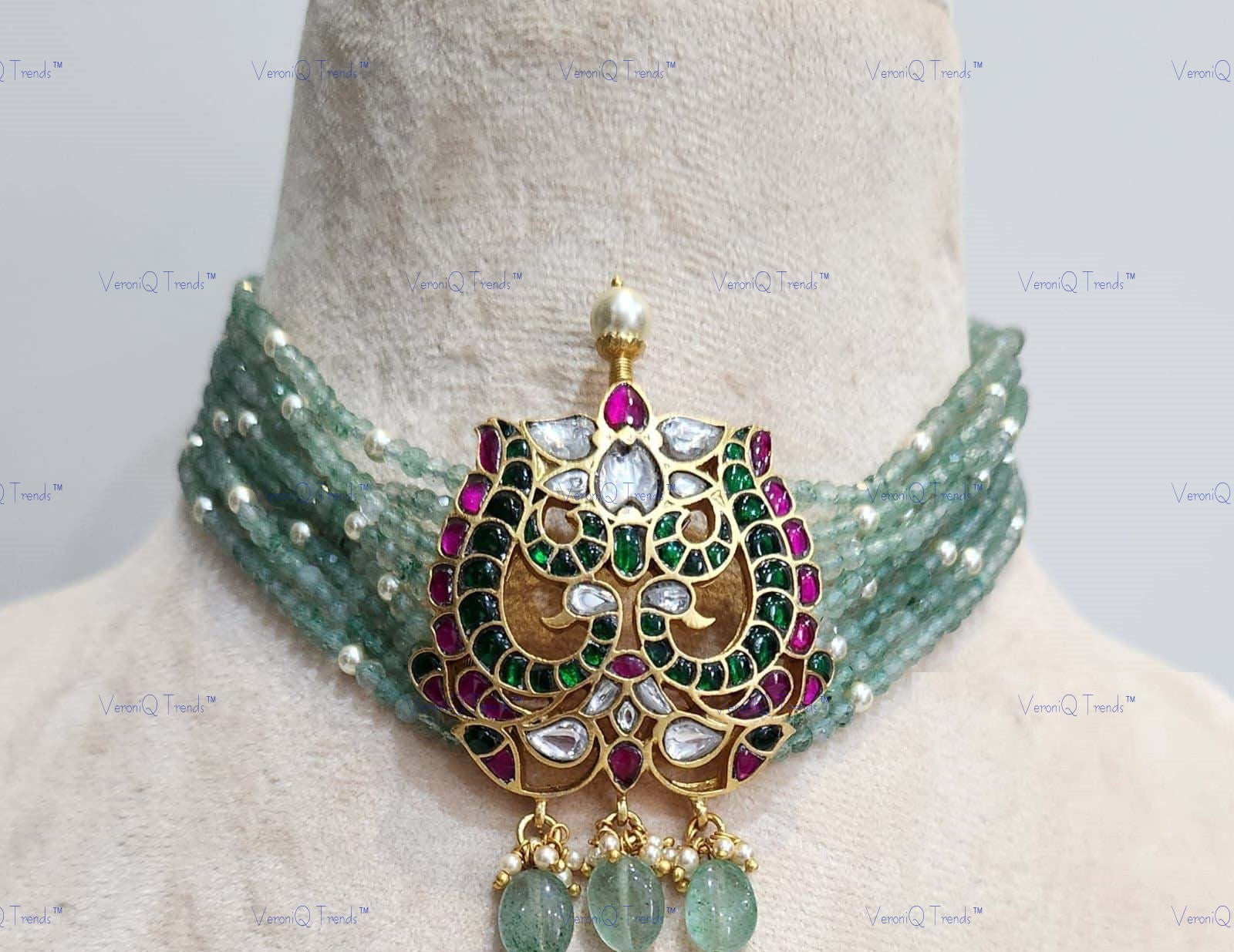 VeroniQ Trends-Green Beads Multistrand Pachi Sliver Kundan Choker Necklace 92.5 Sliver-Gold Plated-Wedding Jewellery-Punjabi Jewellery-South Indian-Thappa Jewellery