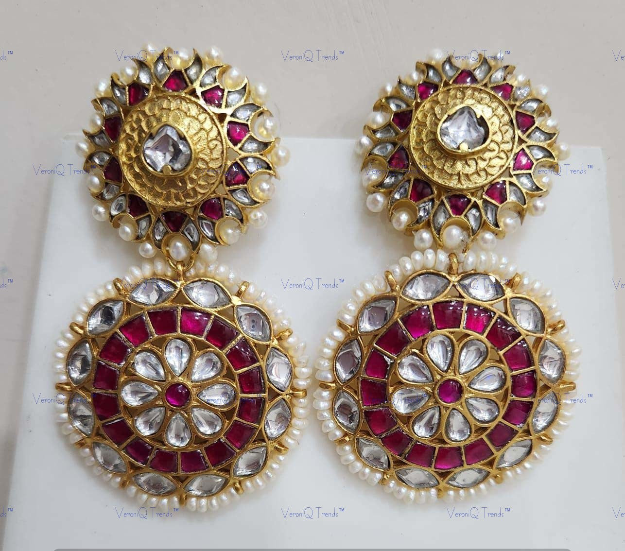 VeroniQ Trends-Ruby Pink Stone and Silver Kundan Earrings 92.5 Silver-Gold Plated-Wedding Jewellery-Punjabi Jewellery-South Indian-Thappa Jewellery