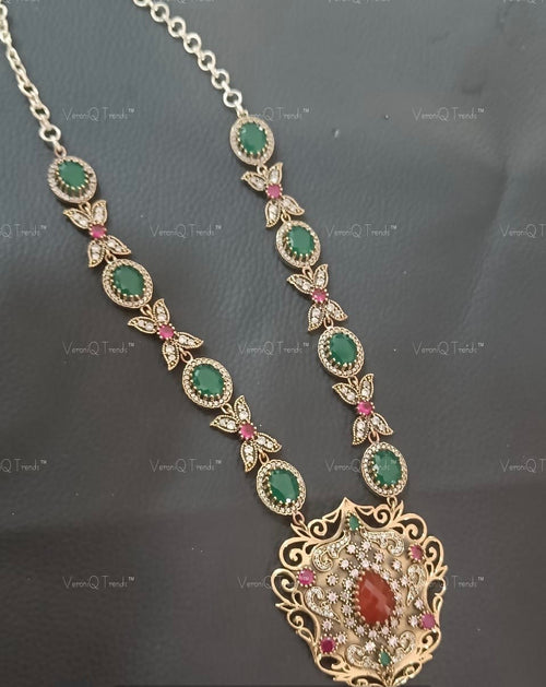 VeroniQ Trends- Victorian Multi Stone Long Polki Necklace 92.5 Sliver Moissanite Diamond Polki-Emerald Stone-Ruby Stone-Gold Plated-Wedding Jewellery-Punjabi Jewellery-South Indian-Thappa Jewellery