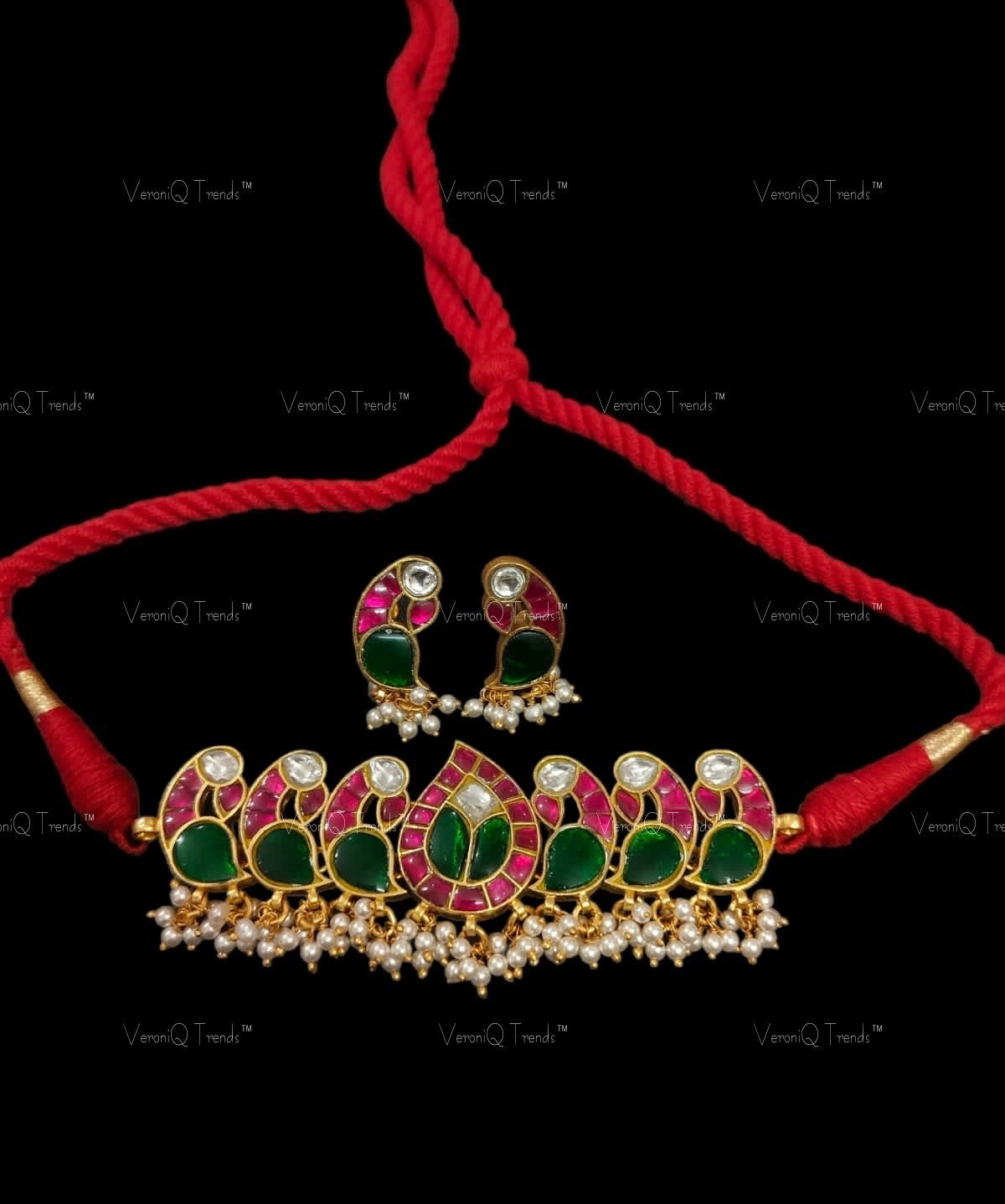 VeroniQ Trends- South Indian Kemp Stone and Sliver Kundan Choker Necklace With Peacock Motif 92.5 Sliver-Kemp Stone-Gold Plated-Wedding Jewellery-Punjabi Jewellery-South Indian-Thappa Jewellery