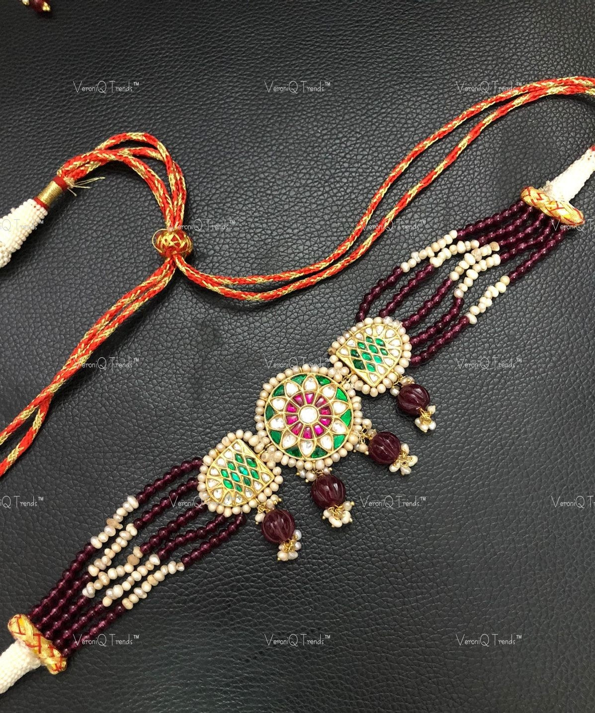 VeroniQ Trends-Victorian Multistrand Ruby Emerald and Polki Silver Choker Necklace 92.5 Silver Moissanite Diamond Polki-Ruby Stone-Gold Plated-Wedding Jewellery-Punjabi Jewellery-South Indian-Thappa Jewellery