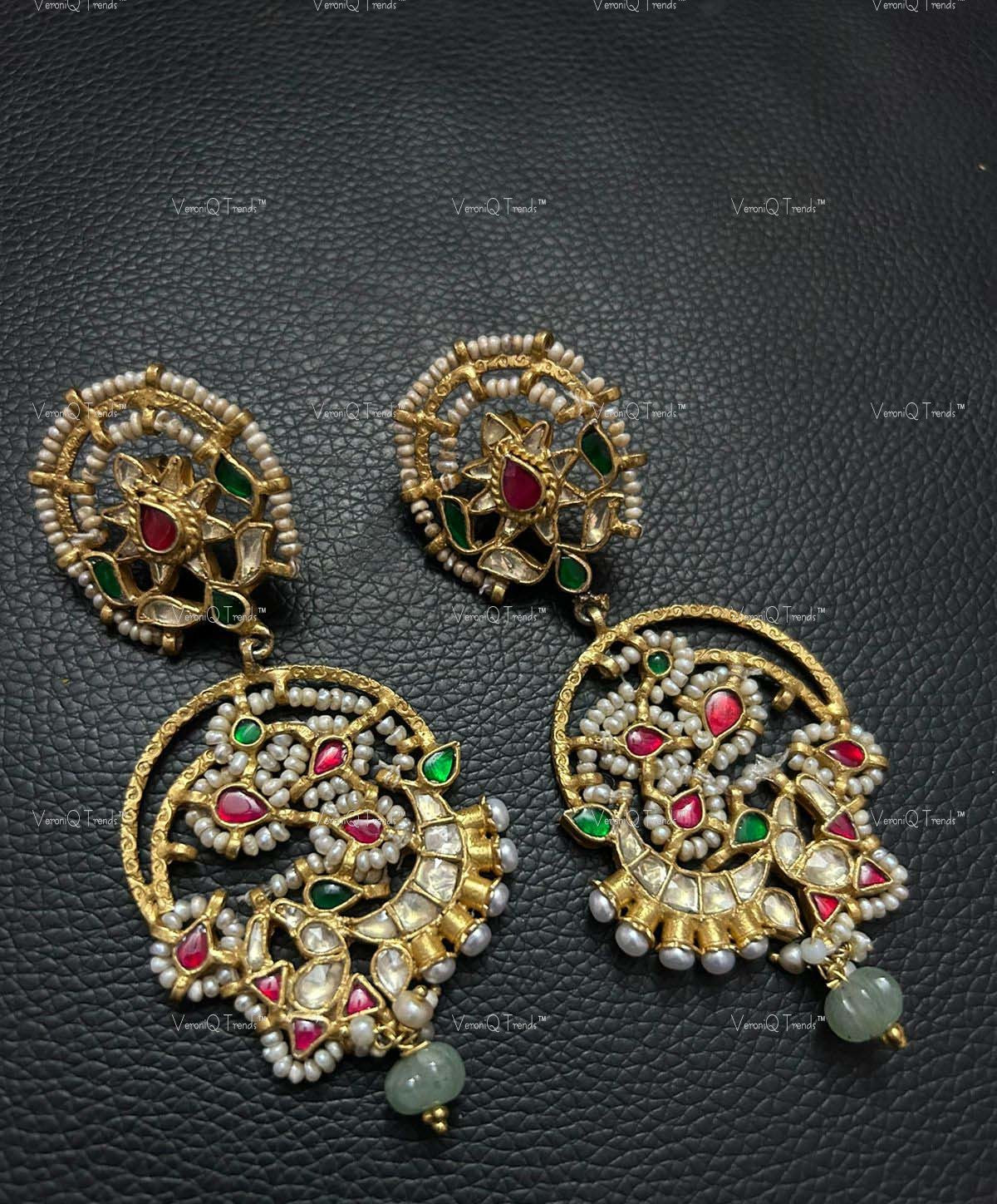 VeroniQ Trends-Ruby Silver Kundan Chandbali Earrings 92.5 Silve-Ruby Stone-Gold Plated-Wedding Jewellery-Punjabi Jewellery-South Indian-Thappa Jewellery