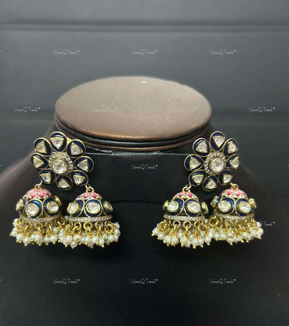 VeroniQ Trends-Silver Meenakari Kundan Double Jhumki Earrings 92.5 Silver-Gold Plated-Wedding Jewellery-Punjabi Jewellery-South Indian-Thappa Jewellery